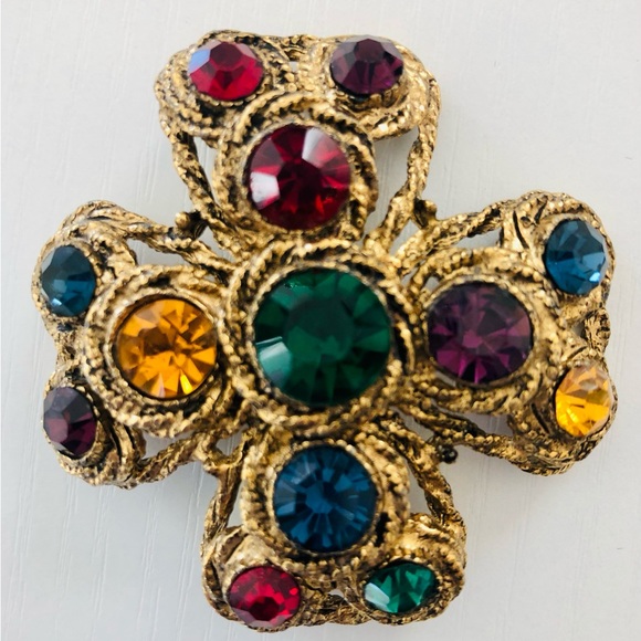 Neiman Marcus Renaissance gemstone cross❣️HOST PICK Multicolor rhinestones Gold - Picture 8 of 16